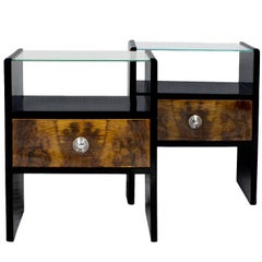 1930s Pair of Art Deco Cubist Nightstands, Walnut, Brass, Glass, Italy