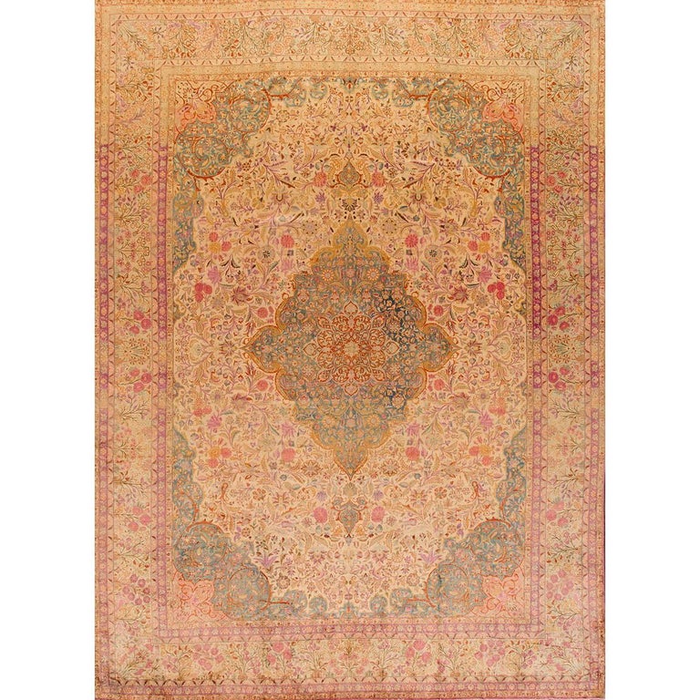 Antique Peach and Green Persian Kashan Carpet For Sale at 1stdibs