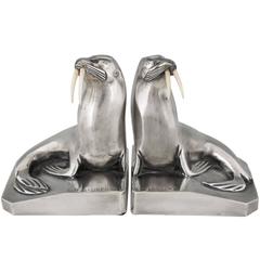 A pair of French Art Deco silvered bronze walrus bookends by G.H. Laurent 1930