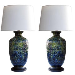 Massive and Pair of American Ceramic Lamps with Blue, Green, & Yellow Drip Glaze