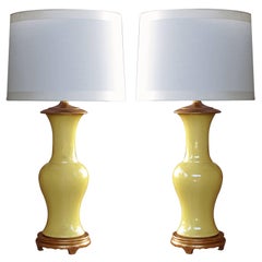 Pair of Chinese Baluster-Form Canary Yellow Crackle-Glaze Porcelain Lamps
