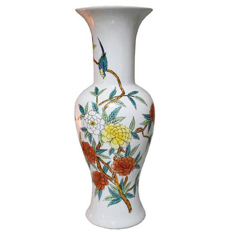 Chinese Floral Birds Polychrome Enameled Porcelain Vase, Mid-20th Century For Sale