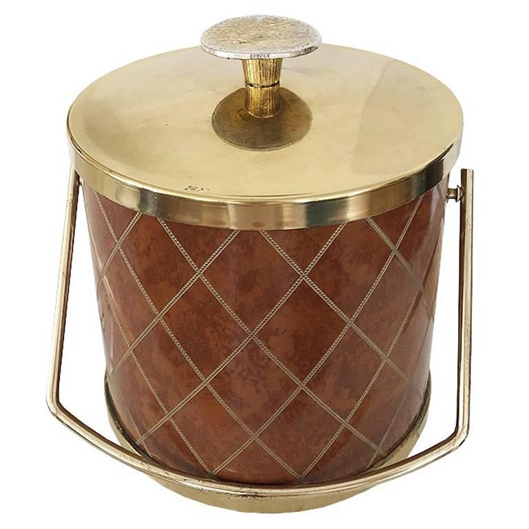 Brown Mid century Ice Bucket with Brass Details and Diamond Pattern