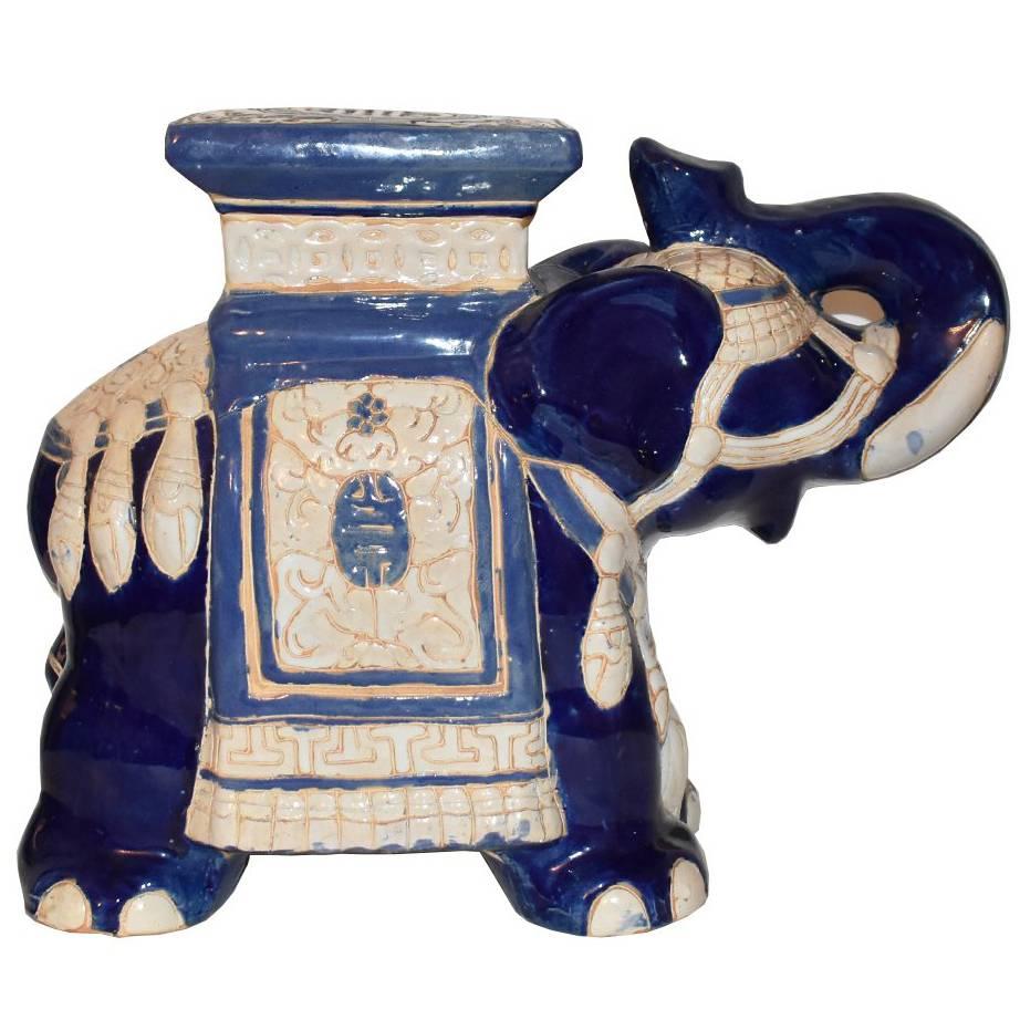 Blue and White Ceramic Elephant Garden Stool Good Luck Trunk Up
