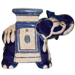 Vintage Blue and White Ceramic Elephant Garden Stool Good Luck Trunk Up