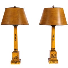 Pair of Antique Paint Decorated Tole Lamps