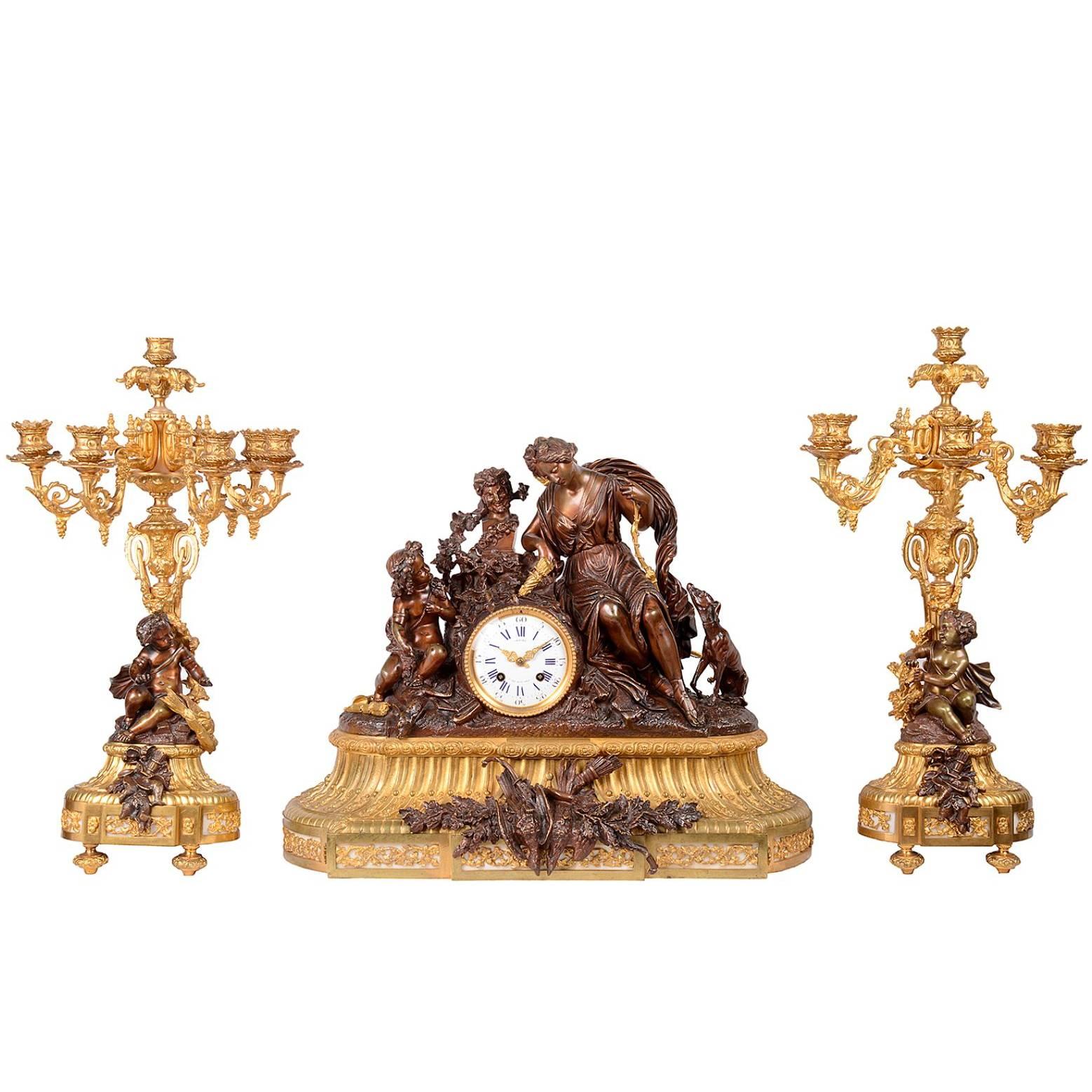 Large Louis XVI Style Clock Set, 19th Century