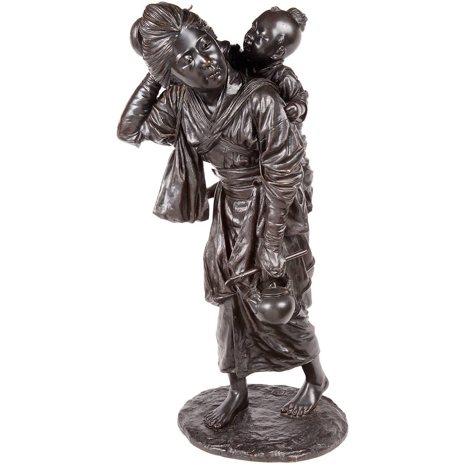 Japanese 19th Century Bronze of Mother and Child, Meiji Period