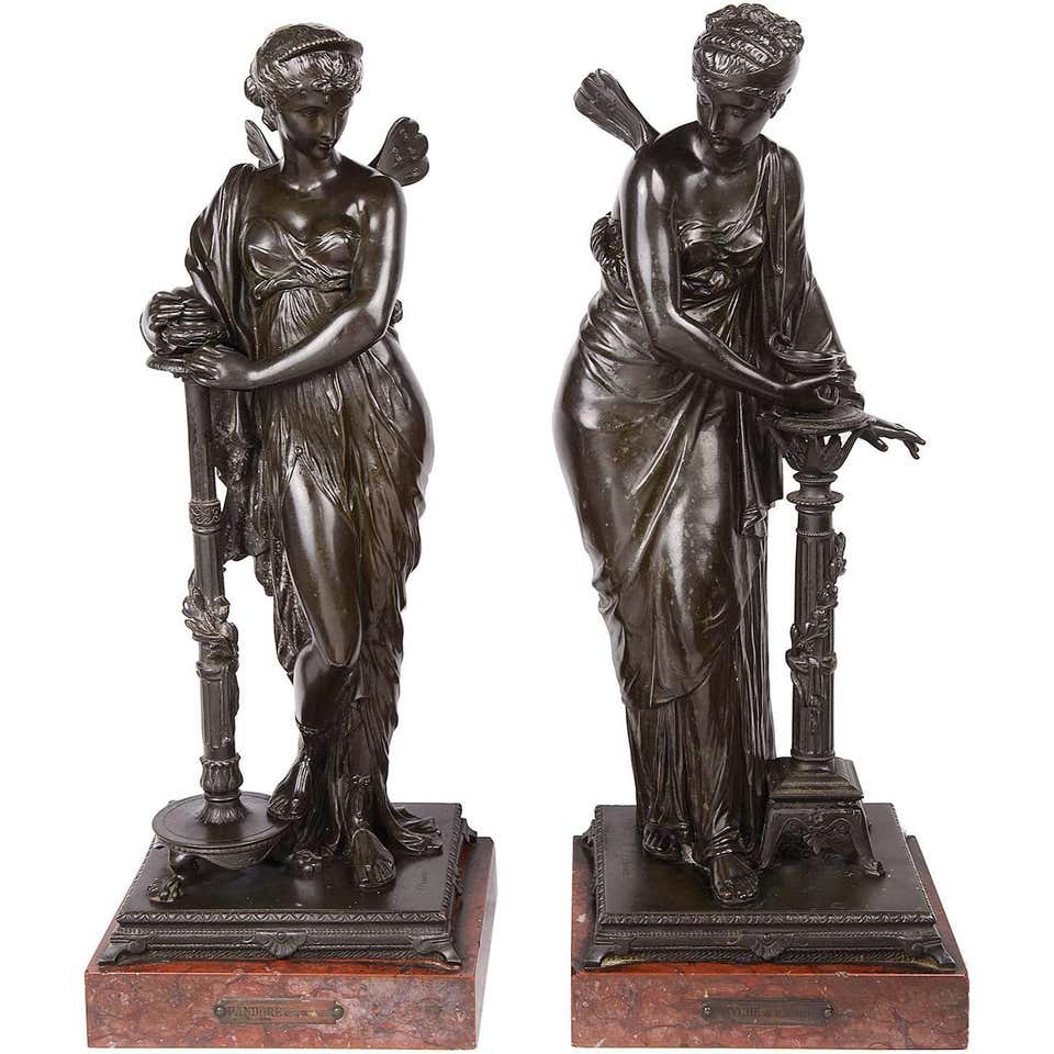 Psyche and Pandora Classical Bronze Statues, 19th Century, Signed H. Dumaige For Sale