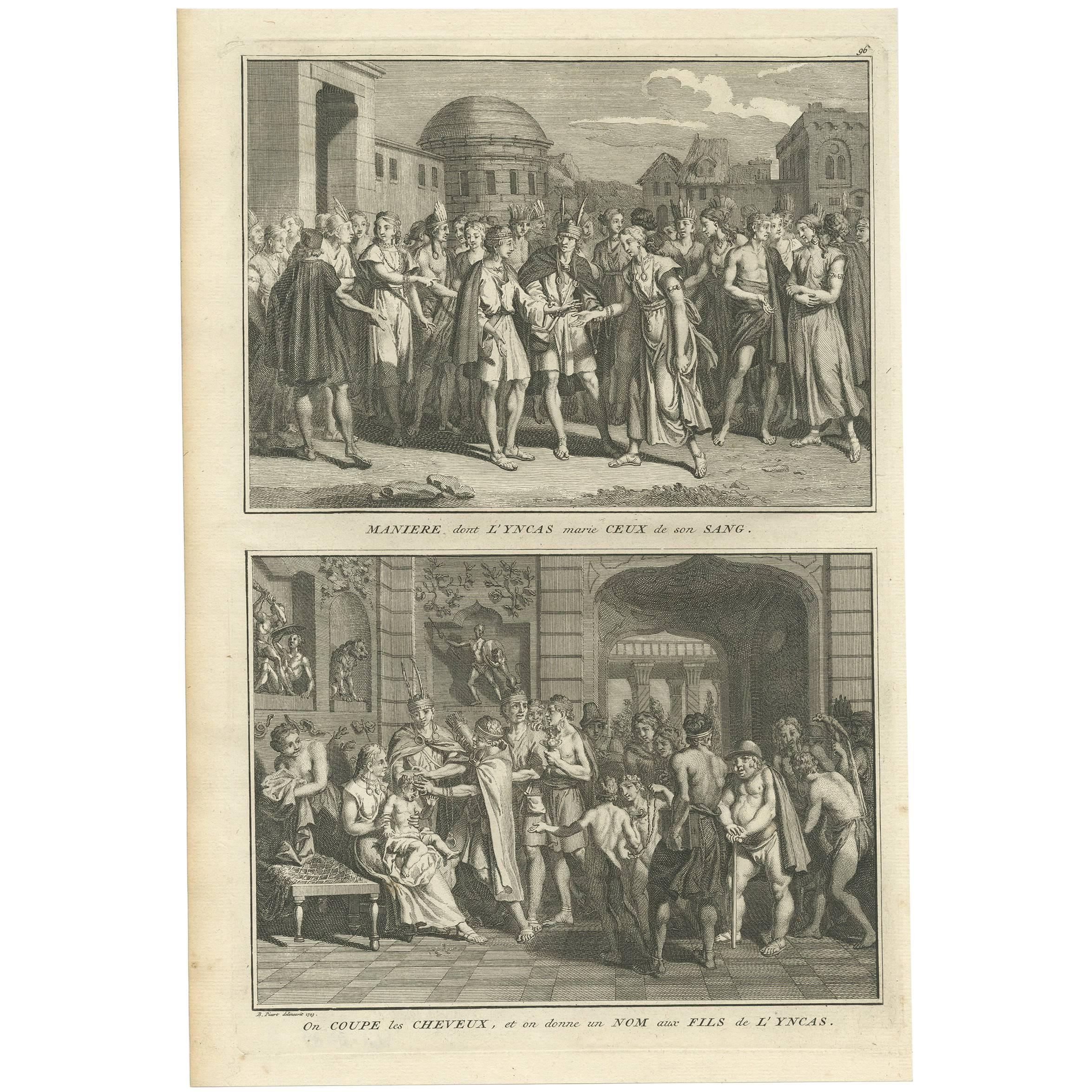 Stampa antica di Cerimonie degli Incas 'Sud America' di B. Picart, 1723
