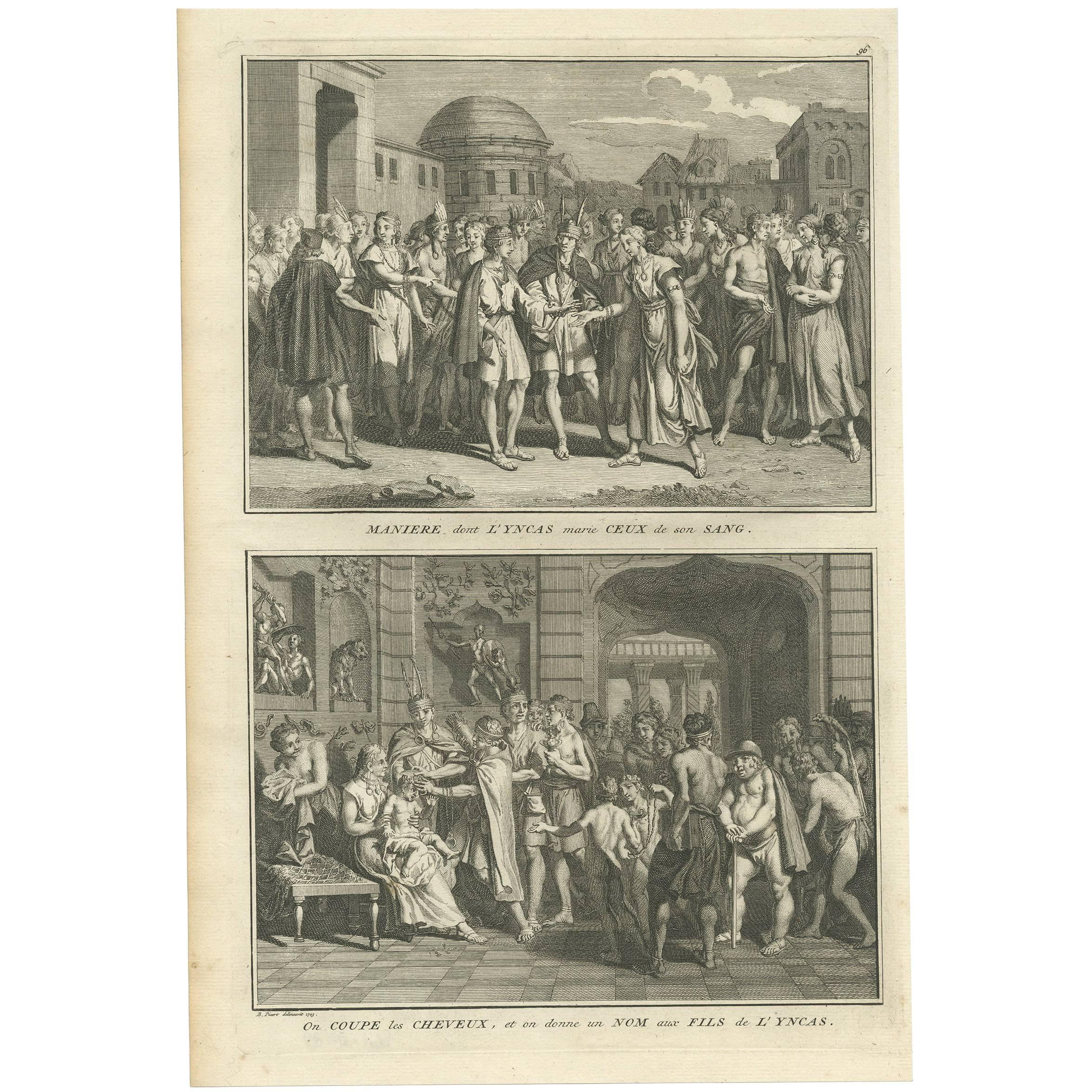 Impression ancienne de cérémonies des Incas « Amérique du Sud » par B. Picart, 1723 en vente