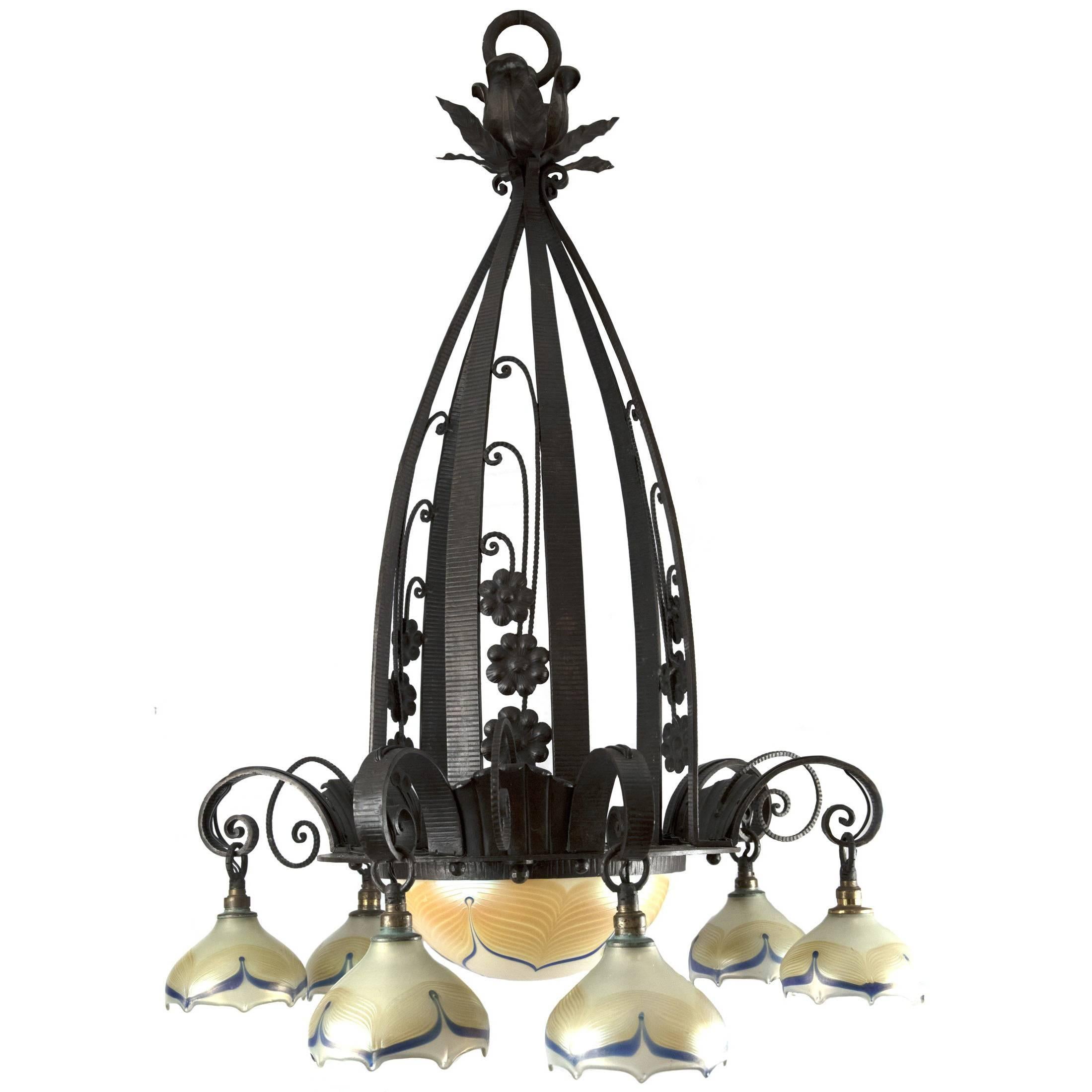 Edgar Brandt Art Deco Wrought Iron and Feathered Glass Chandelier