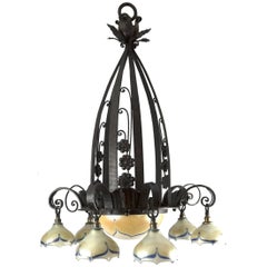 Edgar Brandt Art Deco Wrought Iron and Feathered Glass Chandelier