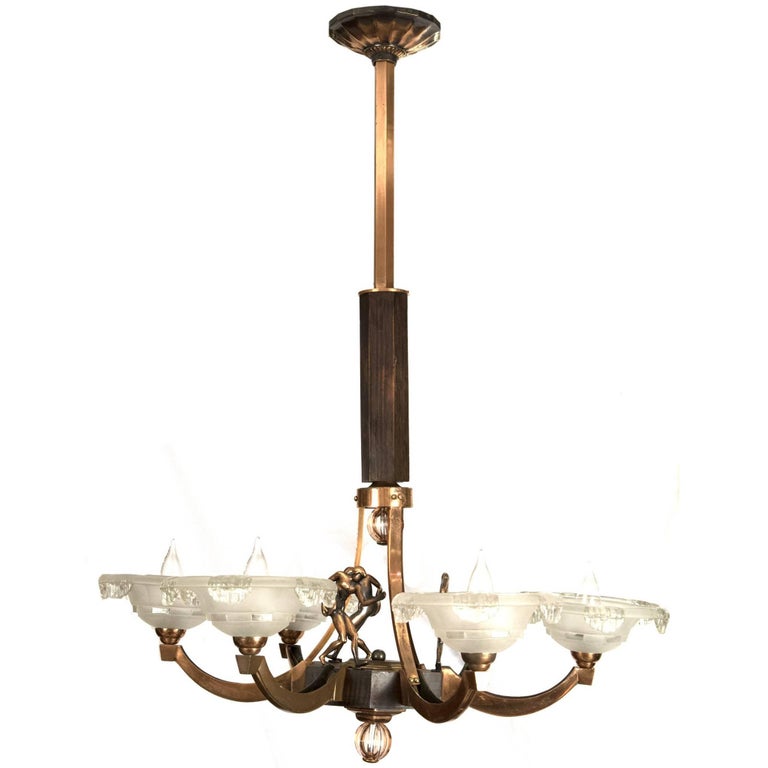 Brass and Wood French Art Deco SixArm Chandelier with Figural Forms