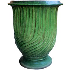 Large Scaled French Green-Glazed Striated Garden Pot or Urn