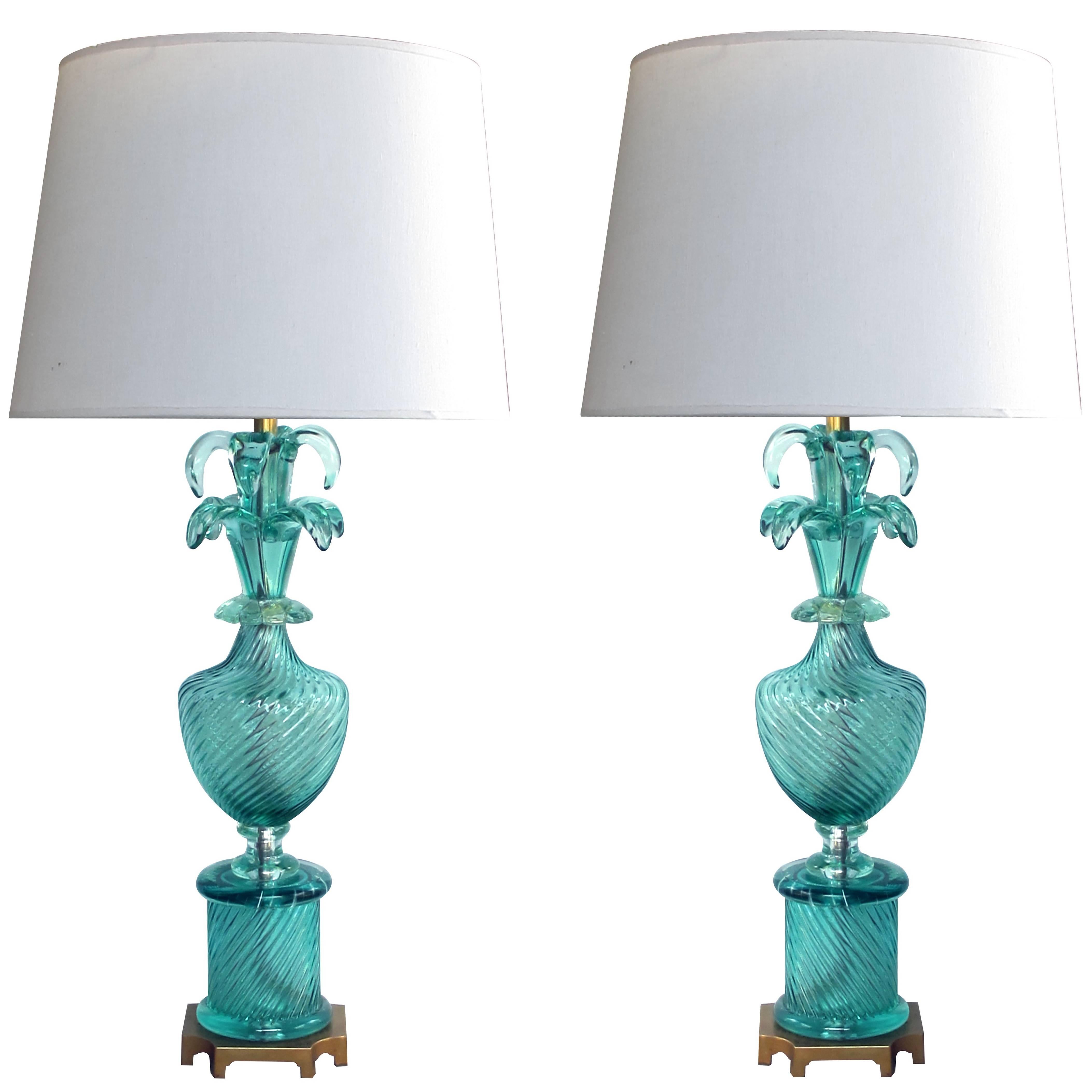 Stunning Pair of Murano 1960s Baluster-Form Aqua Glass Lamps by Marbro Lamp Co
