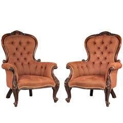 Pair of Mid-19th Century Grandfather Chairs with Cabochon Leaf Panels