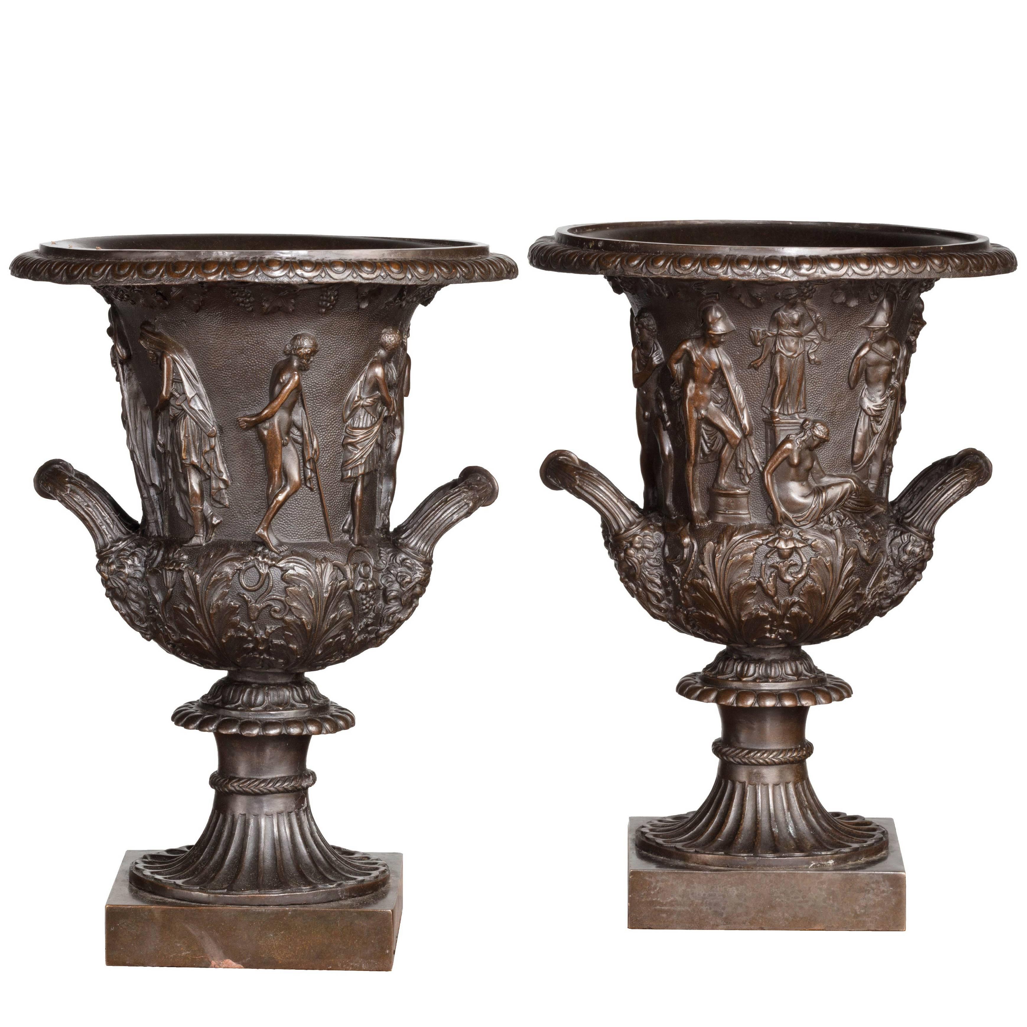 Pair of Early 20th Century Neoclassical Bronze Campana Shaped Urns For Sale