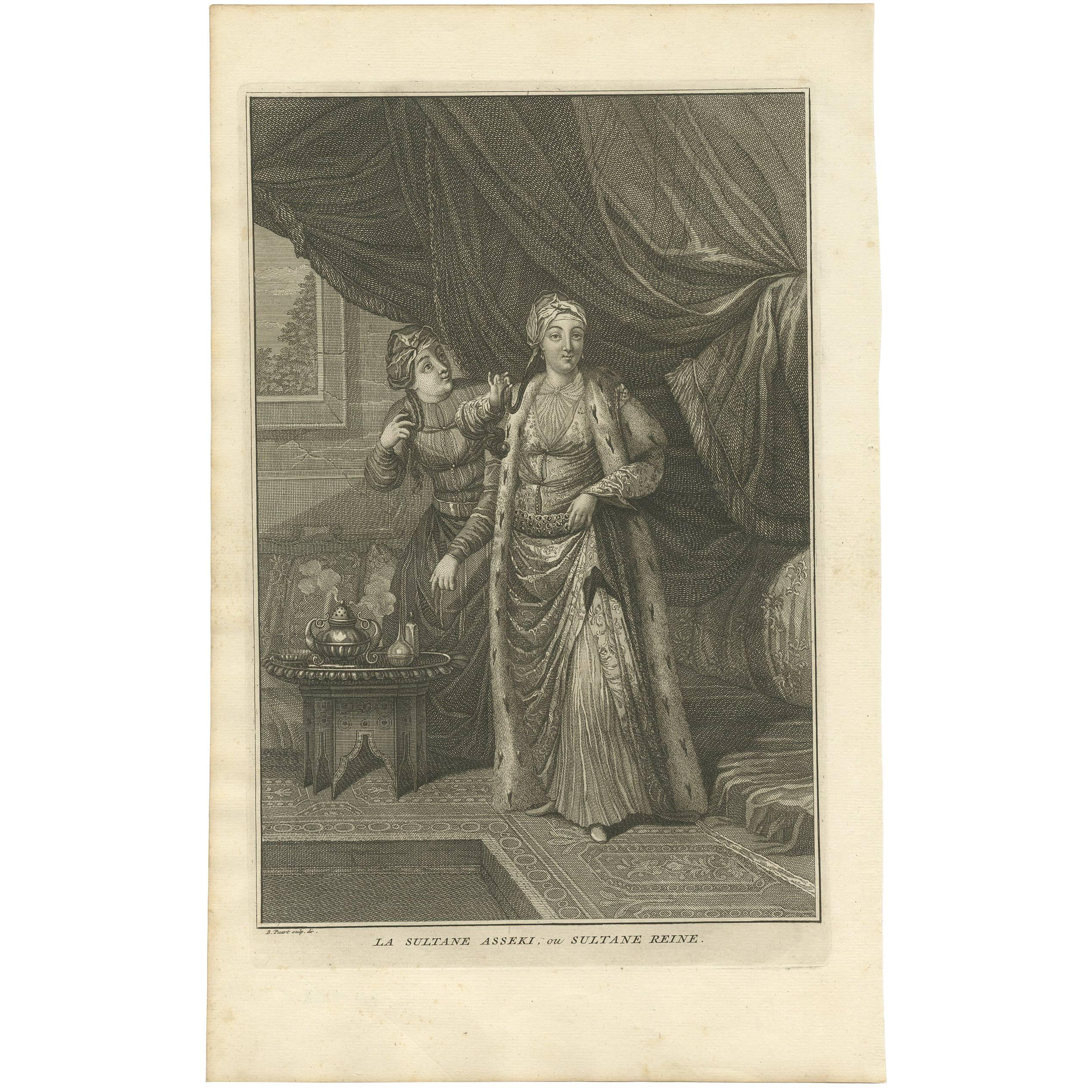 Stampa antica del Sultano Asseki con una serva di B. Picart, 1725 ca.