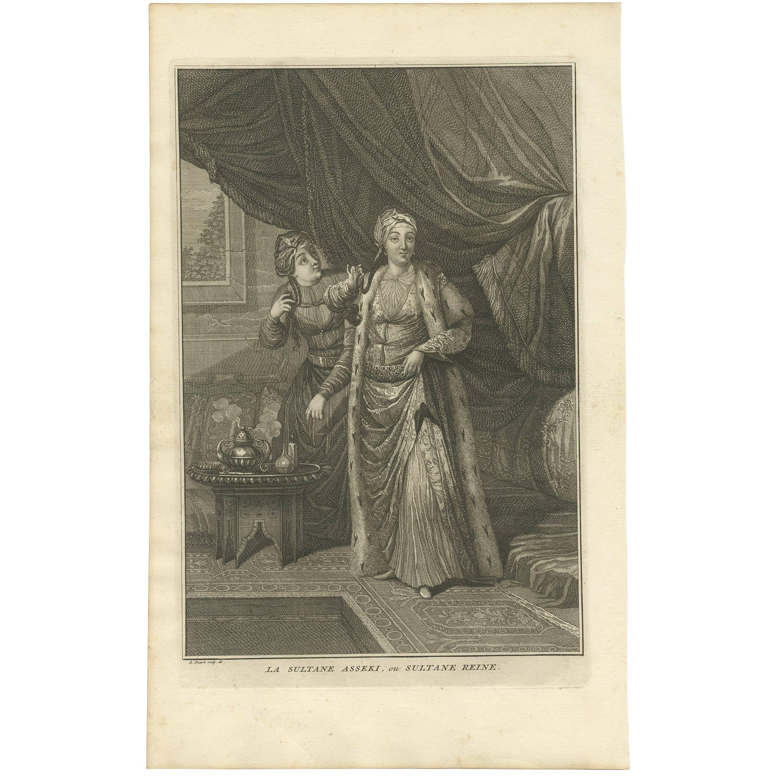 Antique Print of the Sultan Asseki with a Servant Maid by B. Picart, circa 1725 For Sale