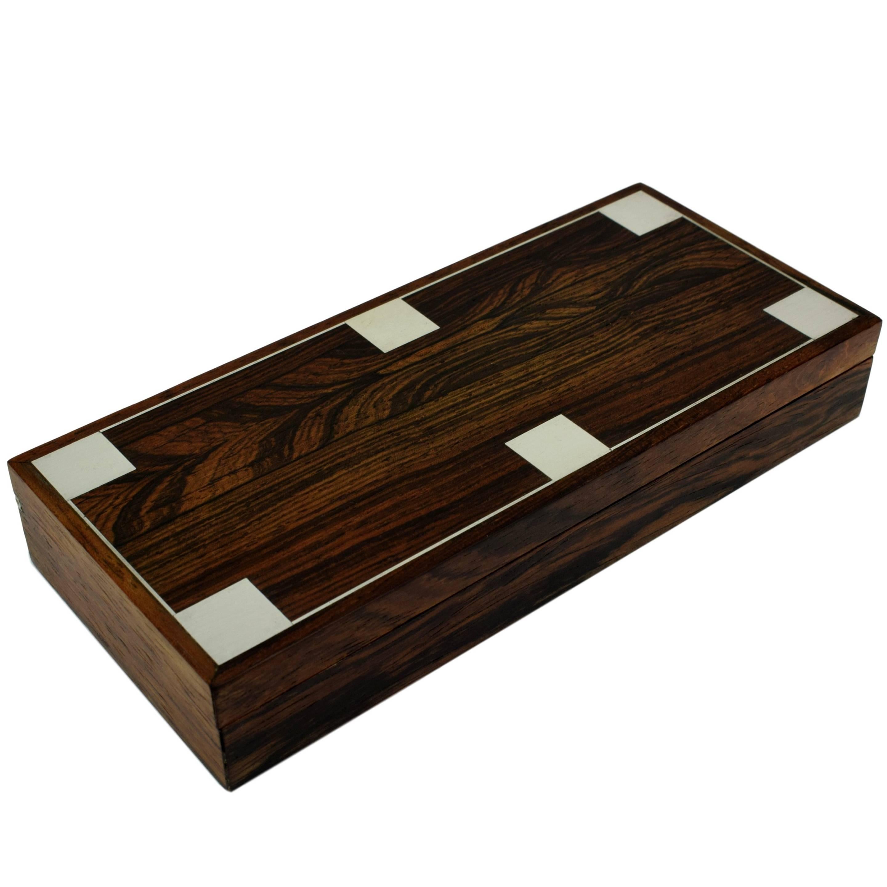 Danish Midcentury Rosewood Box with Sterling 925 Silver Inlays by Hans Hansen For Sale