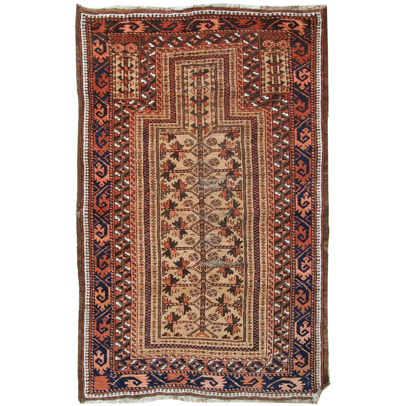 Handmade Antique Afghan Baluch Prayer Rug, 1900s, 1C529