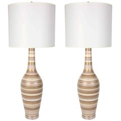 Pair of Italian Tan and Gray Striped Ceramic Lamps