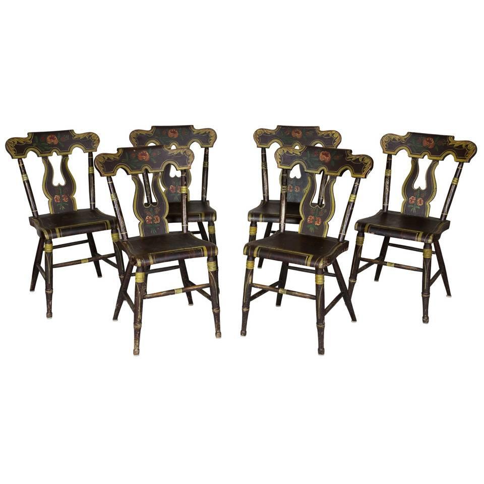 Set of Six Painted and Decorated Side Chairs For Sale