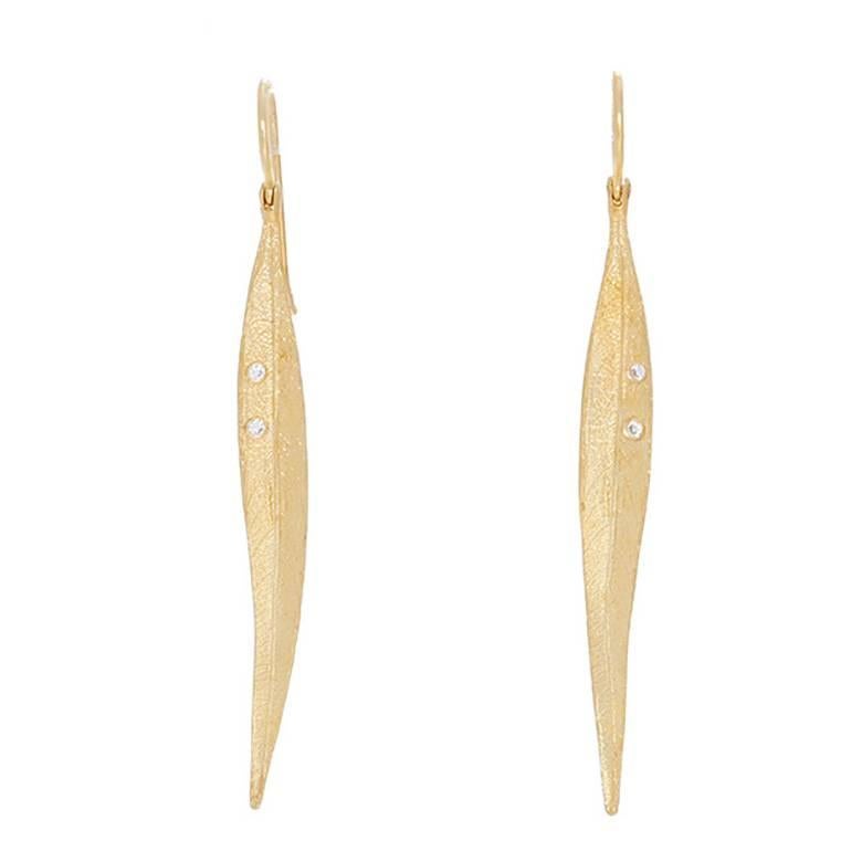 Stunning Yellow Gold and Diamond Leaf Dangle Earrings
