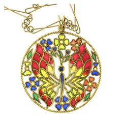 Vintage Ugo Piccini Plique-a-Jour Enamel Gold Pendant