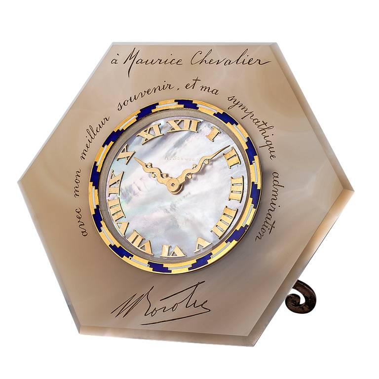 Art Deco Gold Mother-of-Pearl Agate Clock Engraved for Maurice Chevalier For Sale