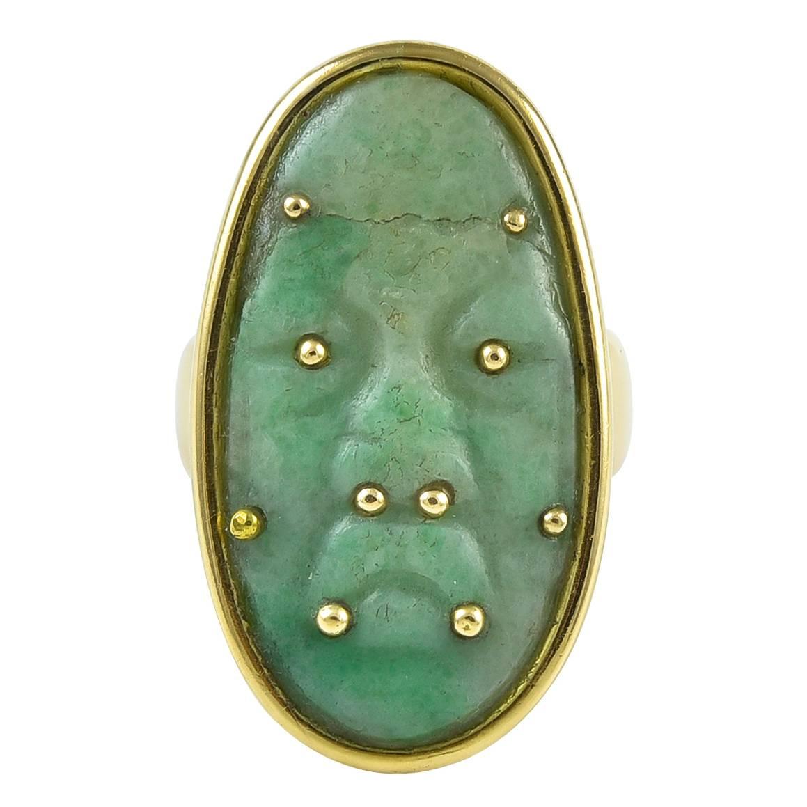 William Spratling Carved Jade gold Ring For Sale