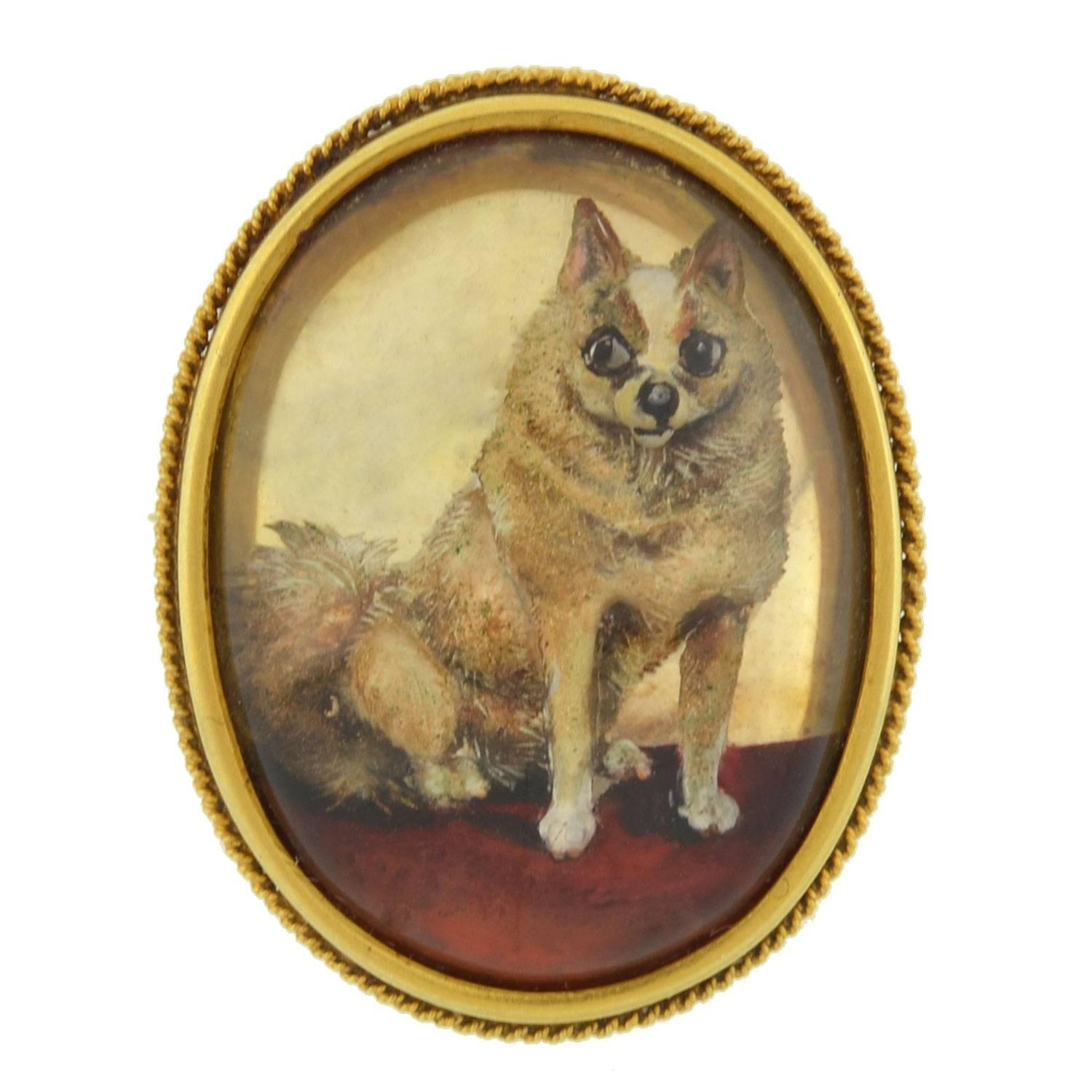Victorian Reverse Carved Rock Crystal Pomeranian Dog Pin