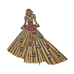 Art Deco Almandine Diamond Gold Lady in a Dinner Dress Brooch 3
