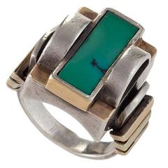 Jean Després 1930's Art Deco Turquoise Silver Gold Ring