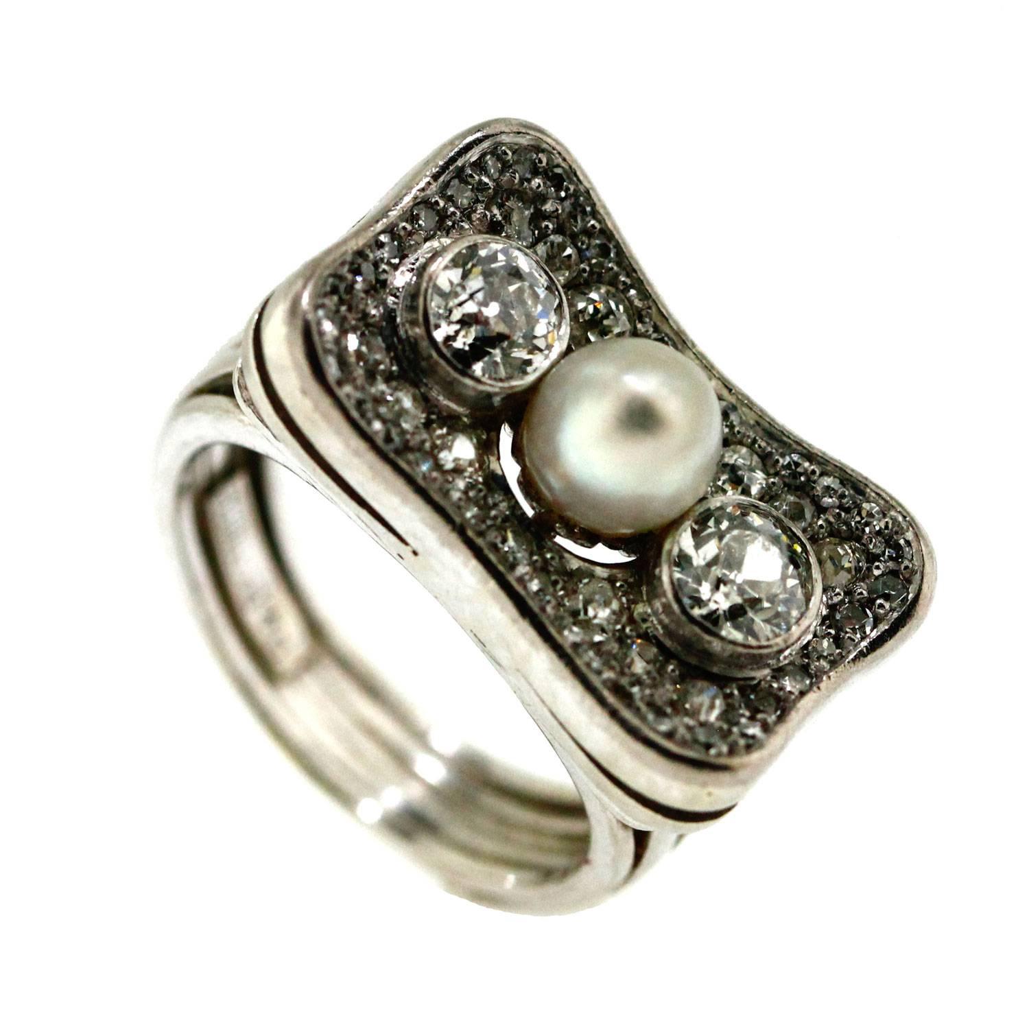 Schilling Retro Natural Pearl Diamond Gold Cocktail Ring For Sale