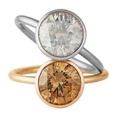 Round White and Champagne Diamond Gold Stacking Rings 3