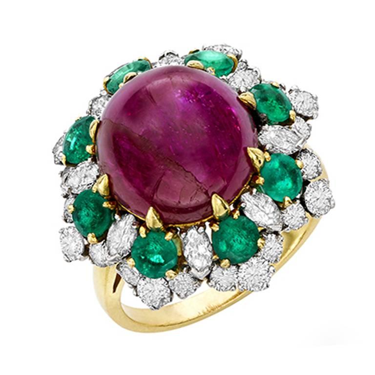 1965 Bulgari Ruby Emerald Diamond Gold Dolce Vita Ring 