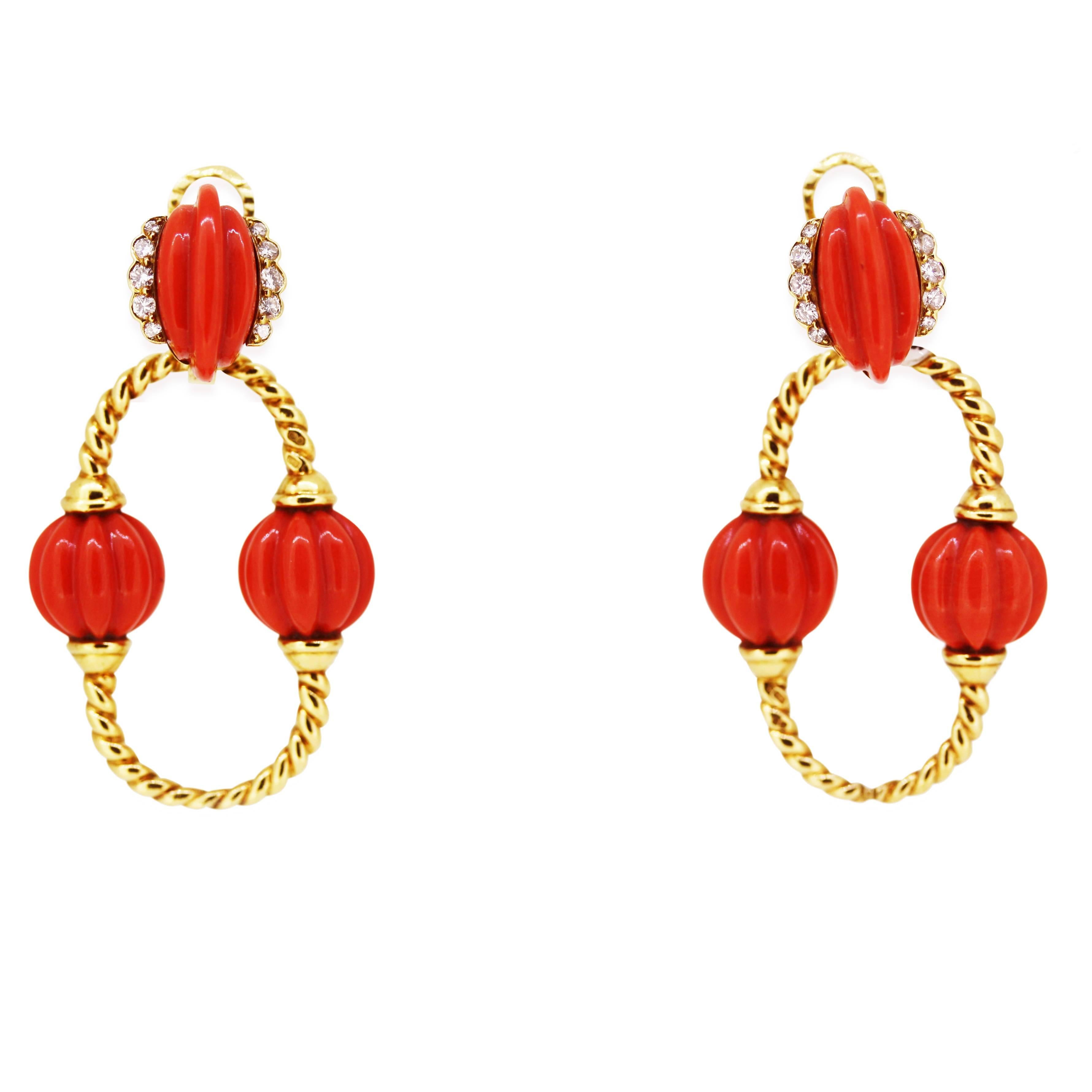 1960s Cartier Coral Diamond Gold Day-to-Night Earrings For Sale