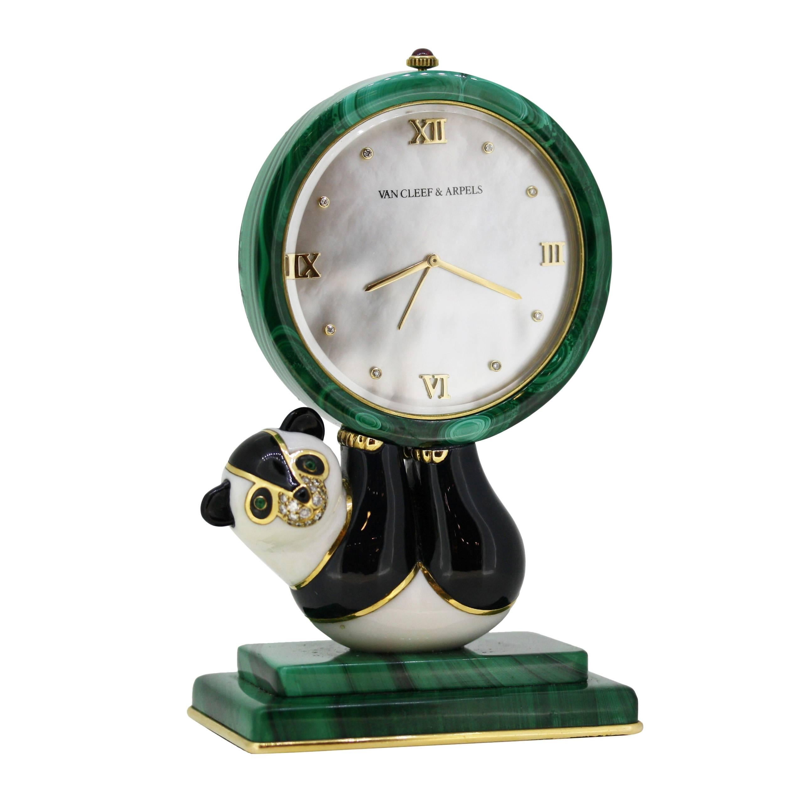 Van Cleef & Arpels Emerald Diamond Malachite Hardstone Panda Quartz Desk Clock For Sale