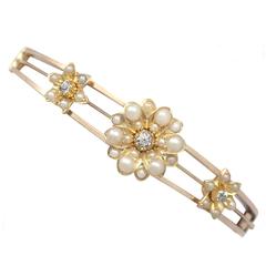 0.29Ct Diamond & Pearl, 15k Yellow Gold Bangle - Antique Victorian Circa 1890 3
