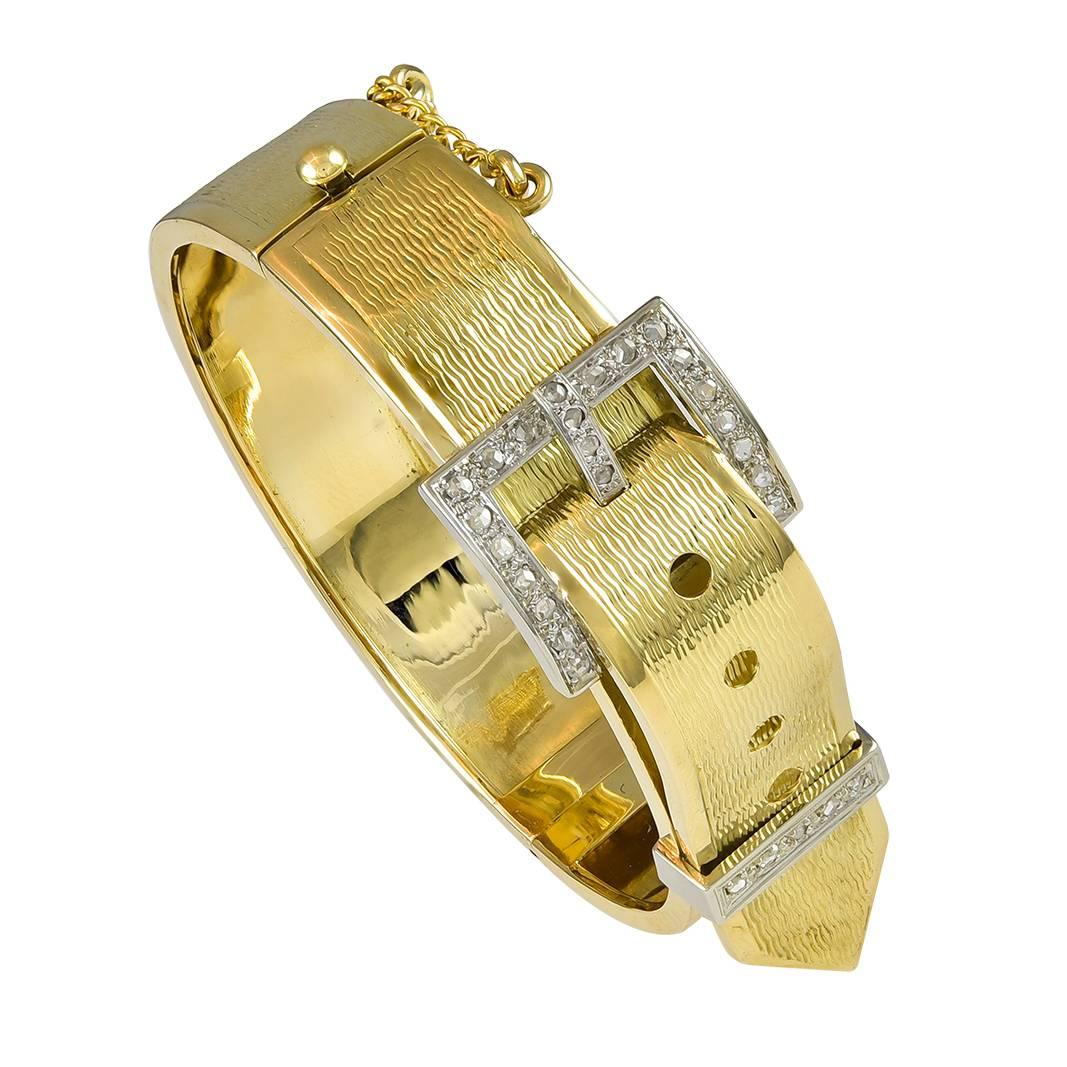 Rose Cut Diamond Gold Buckle Bangle Bracelet