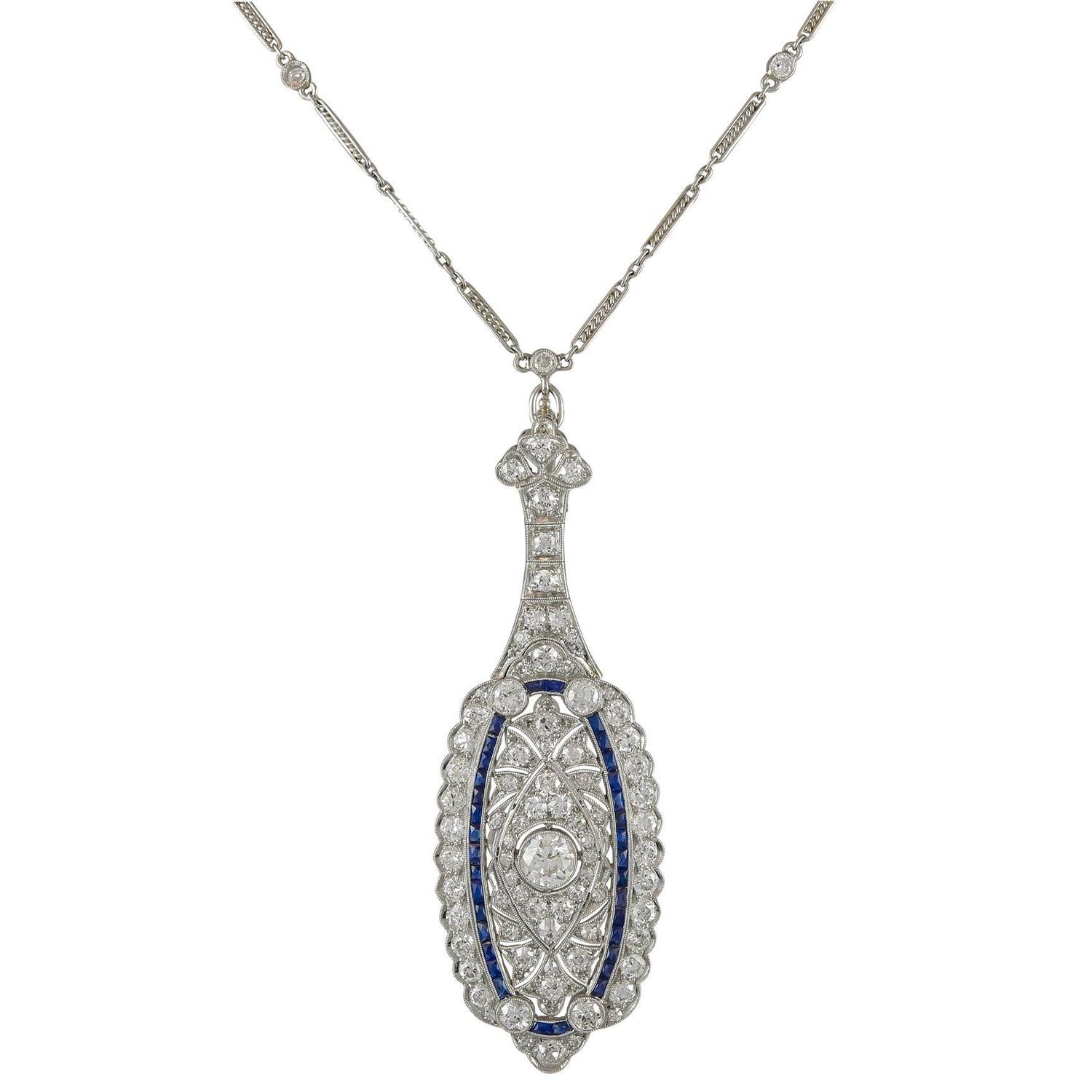 Art Deco sapphire diamond platinum Pendant Necklace at 1stdibs