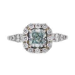 1.2 Carat GIA Certified Natural Fancy Blue/Green Cushion Diamond Platinum Ring