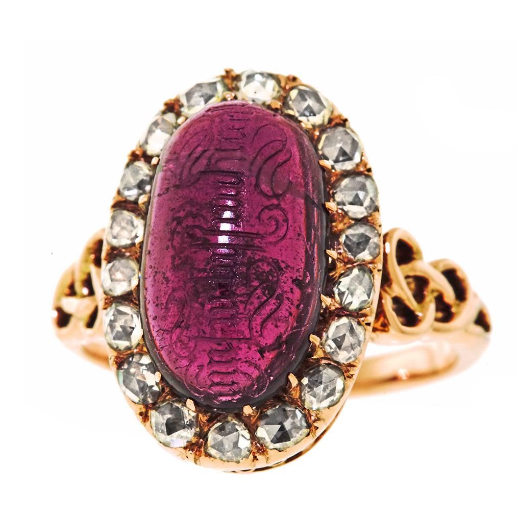 Antique Engraved Garnet Rosecut Diamond Gold Ring 