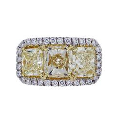 Platinum Triple Stone 5 Carat Fancy Yellow Radiant Cut Diamond Ring