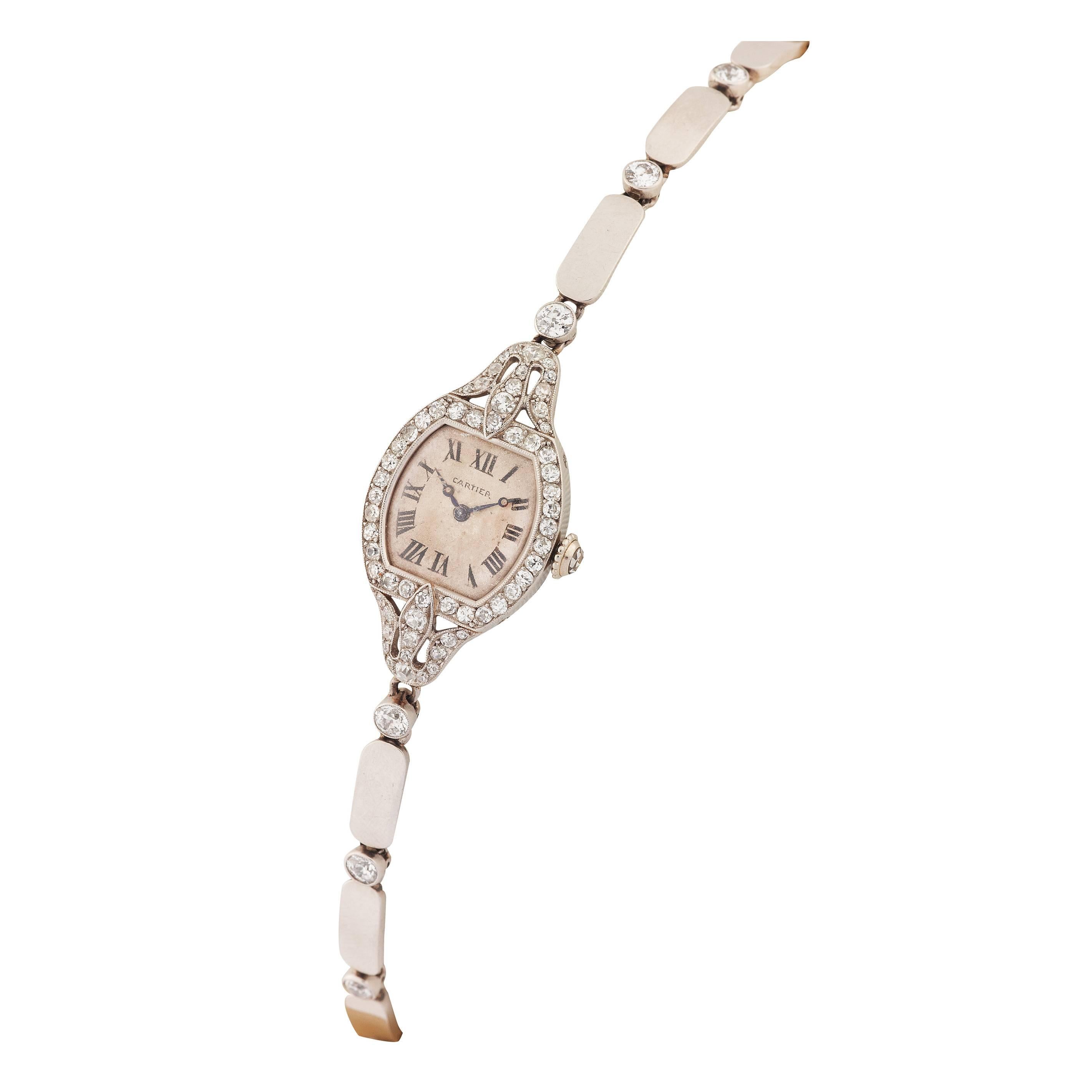 Cartier Lady's Platinum Gold Diamond Bracelet Wristwatch For Sale