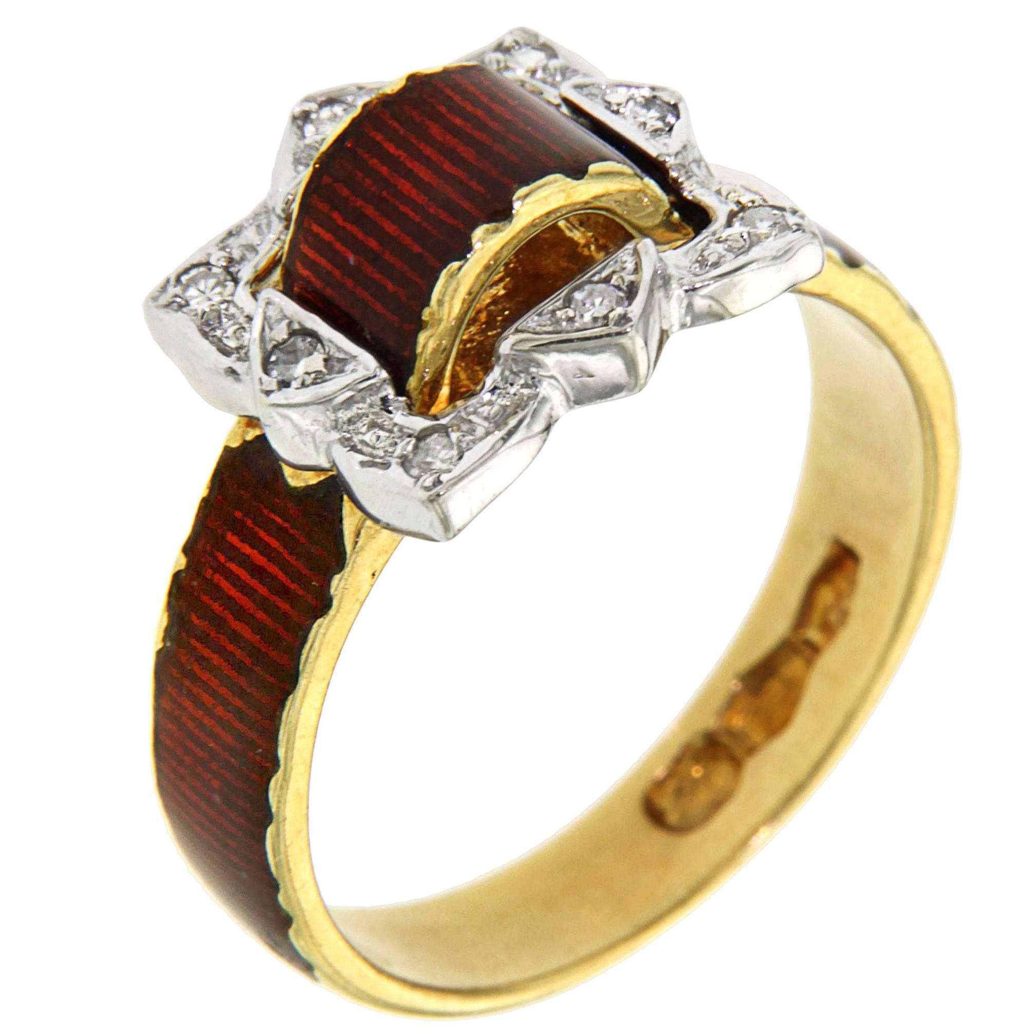 Antique Red Enamel Diamonds Yellow Gold Buckle Ring For Sale