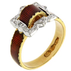 Antique Red Enamel Diamonds Yellow Gold Buckle Ring