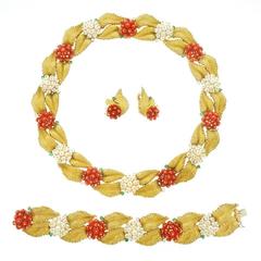 Vintage Coral Pearl and Diamond Necklace Bracelet and Earring Set in Gold